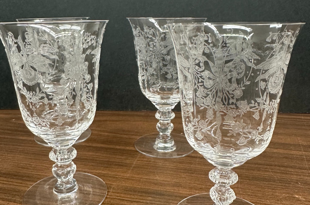 Vintage Heisey Glass Low Water Goblets - Orchid Design | American