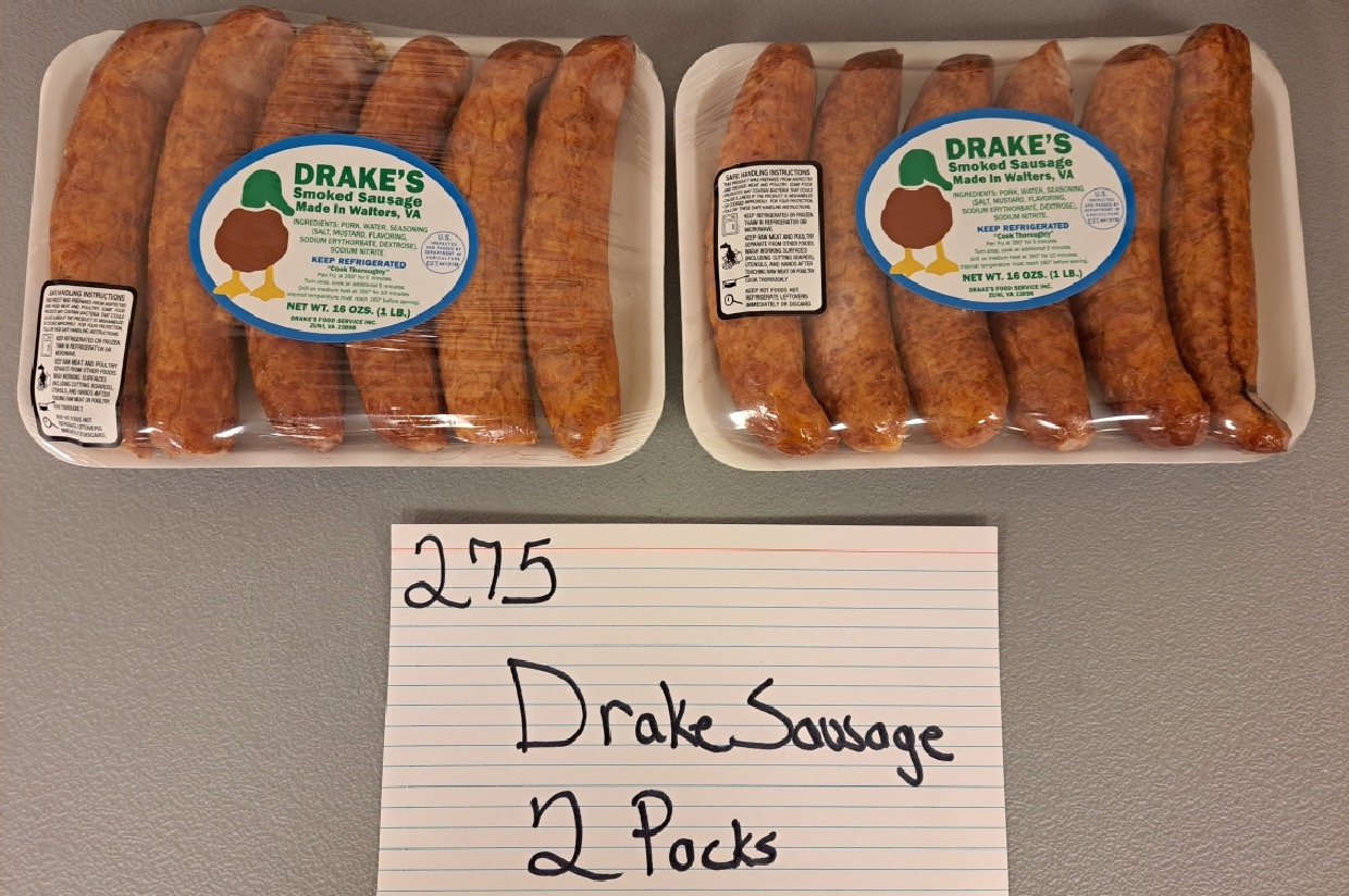 275 (2) PACKS DRAKE SAUSAGE Newsoms Ruritans 2024 Online Auction