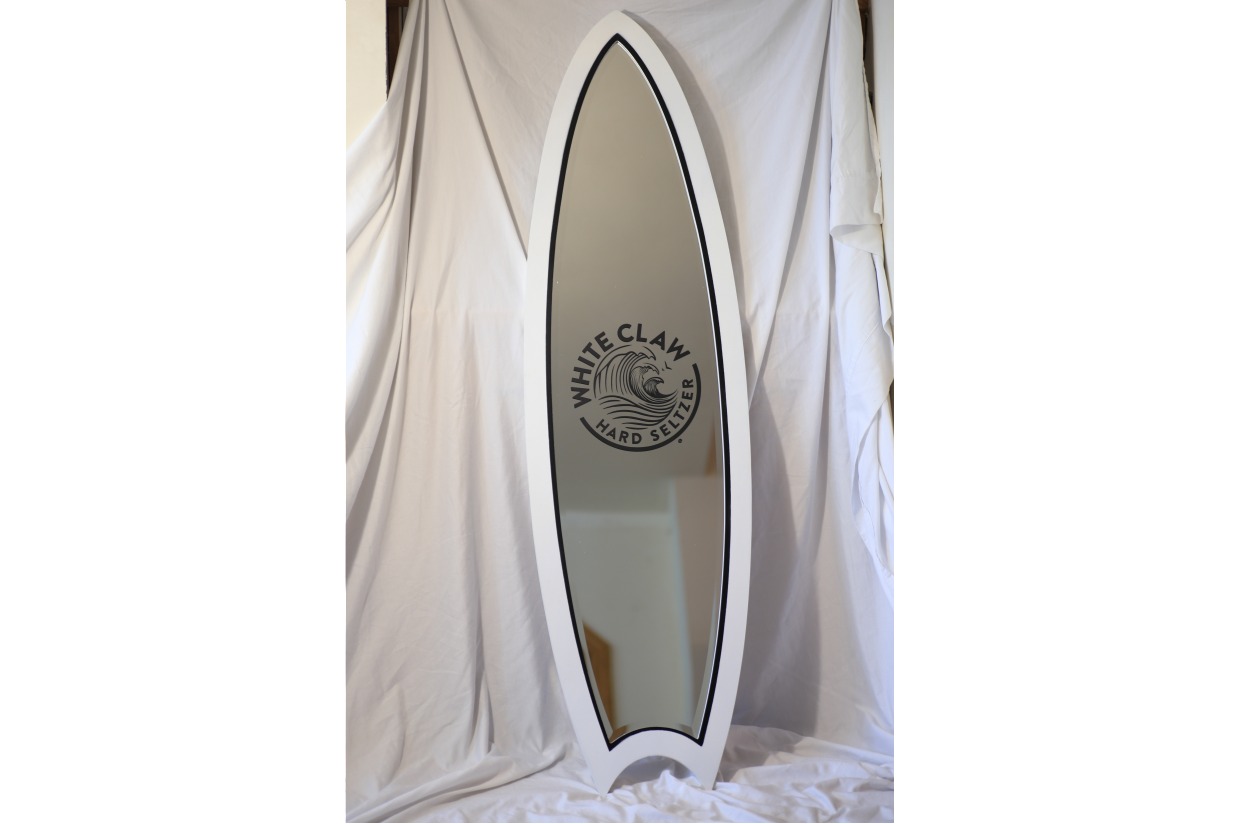 White Claw Mirrored Surf Board raffle supporting Benefit for Joslyn